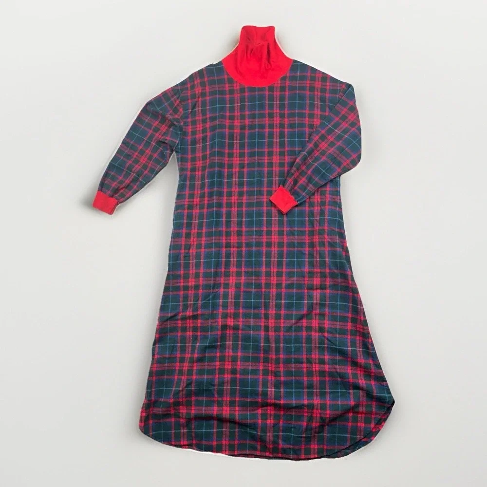 VTG LL BEAN Nightgown Women's Small Long Flannel Turtleneck Plaid Red Blue Black